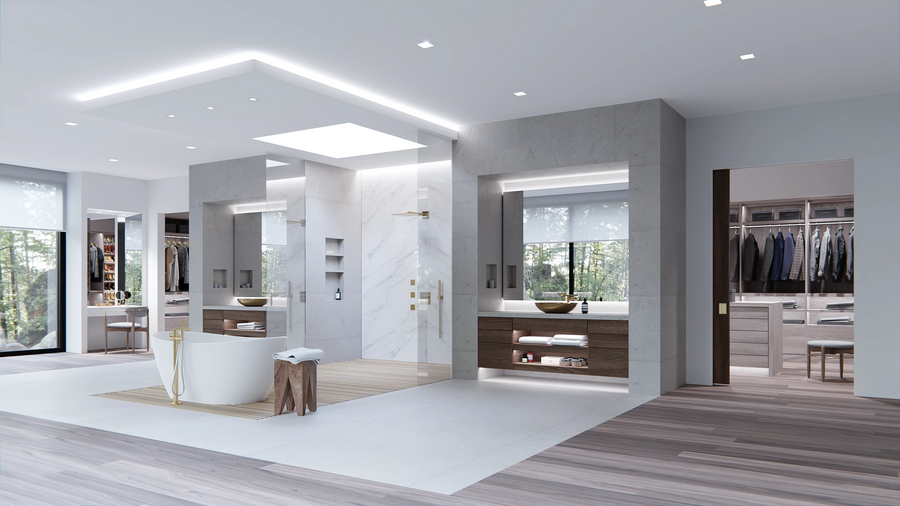 A luxury bathroom with Lutron lighting solutions. 